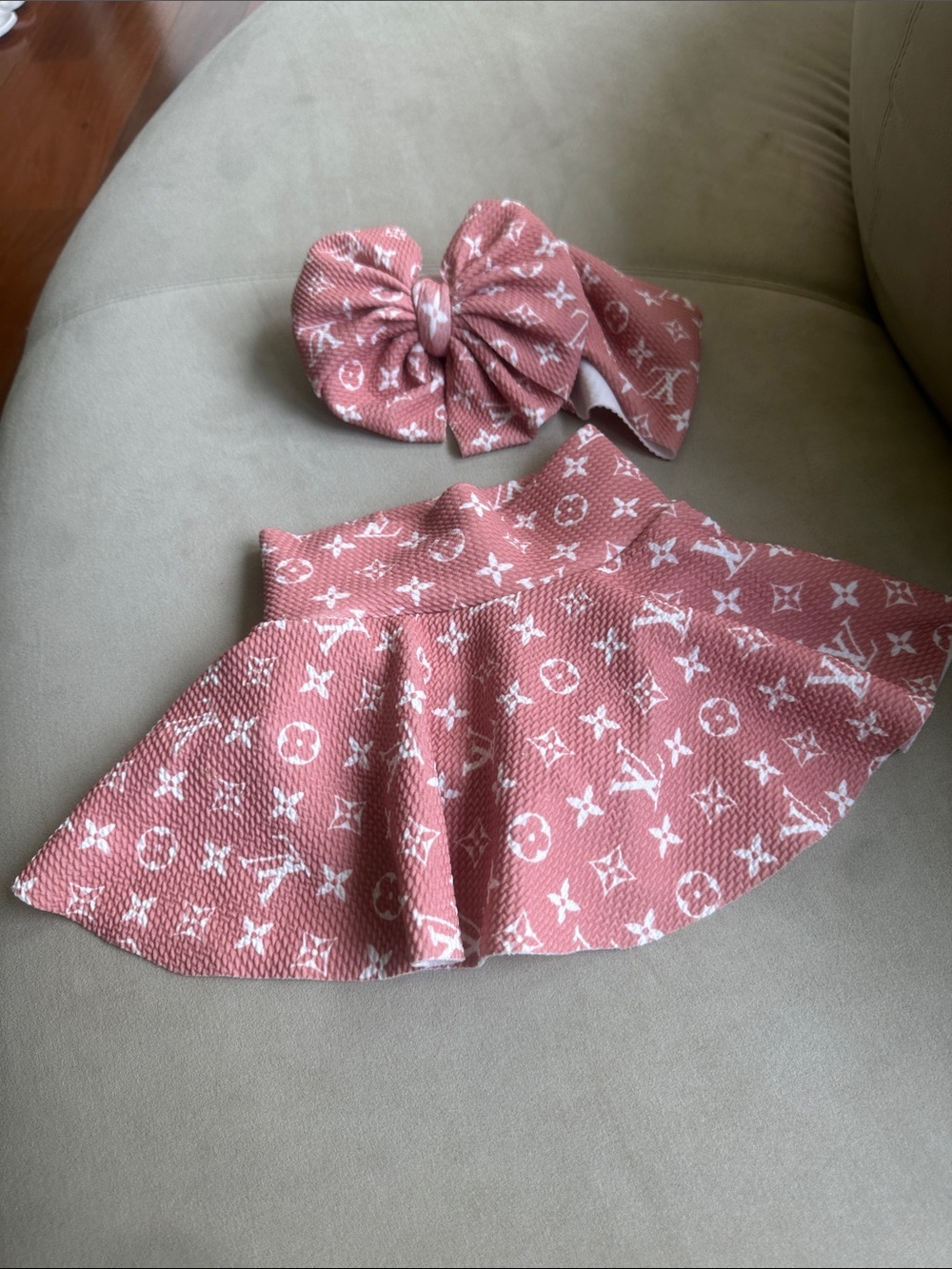 Pink Monogram-Print Kids Bow Headband & Skirt Set